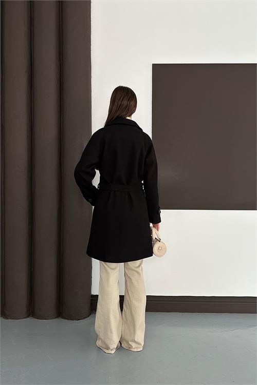 Dipmoda kadın siyah astarlı kısa boy kuşaklı kaşe kaban RYKBN03