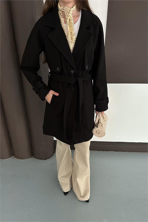 Dipmoda kadın siyah astarlı kısa boy kuşaklı kaşe kaban RYKBN03