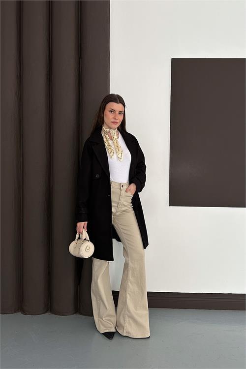 Dipmoda kadın siyah astarlı kısa boy kuşaklı kaşe kaban RYKBN03