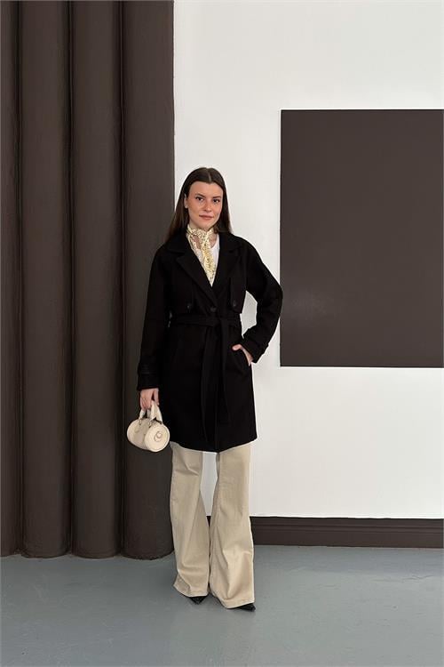 Dipmoda kadın siyah astarlı kısa boy kuşaklı kaşe kaban RYKBN03