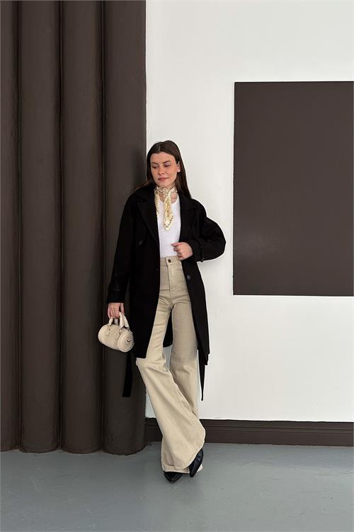 Dipmoda kadın siyah astarlı kısa boy kuşaklı kaşe kaban RYKBN03