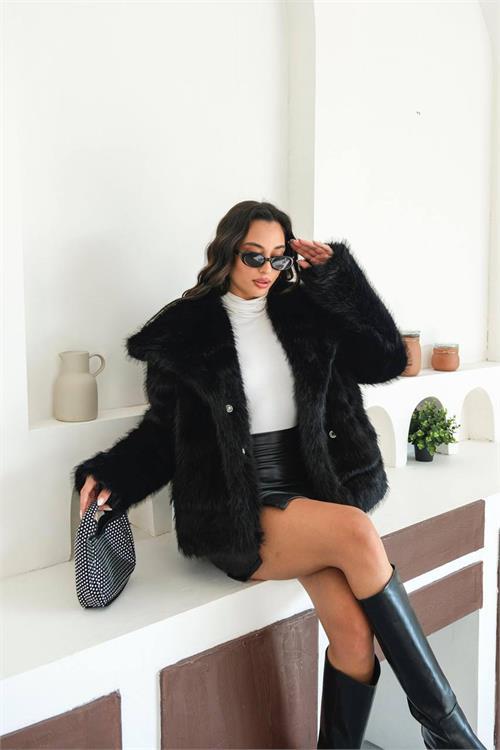 Dipmoda kadın siyah astarlı kürk kaban DPMYLK32