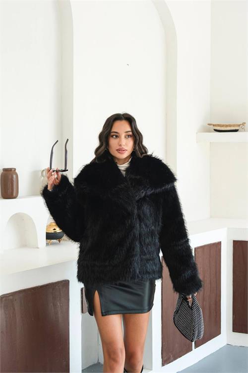 Dipmoda kadın siyah astarlı kürk kaban DPMYLK32