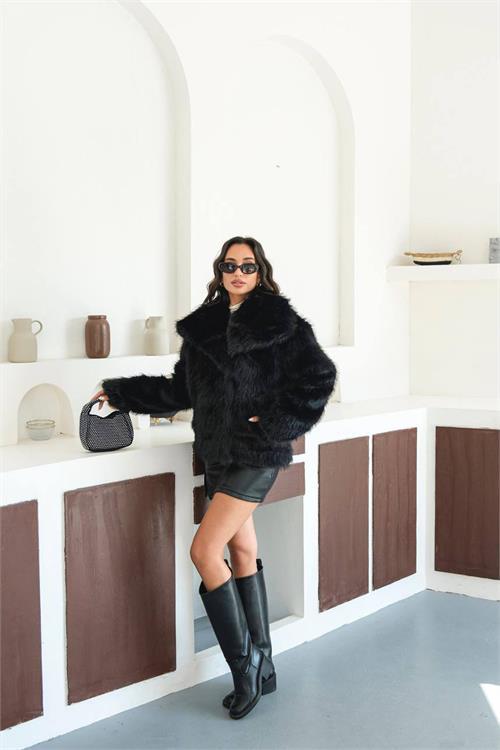 Dipmoda kadın siyah astarlı kürk kaban DPMYLK32