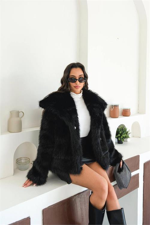 Dipmoda kadın siyah astarlı kürk kaban DPMYLK32
