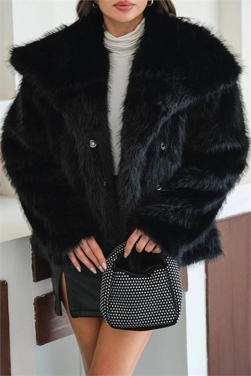 Dipmoda kadın siyah astarlı kürk kaban DPMYLK32