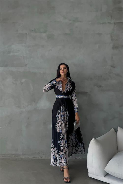 Dipmoda kadın siyah atlas kumaş desenli elbise DPMS42131