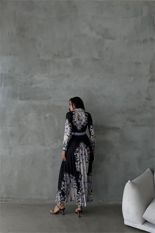 Dipmoda kadın siyah atlas kumaş desenli elbise DPMS42131