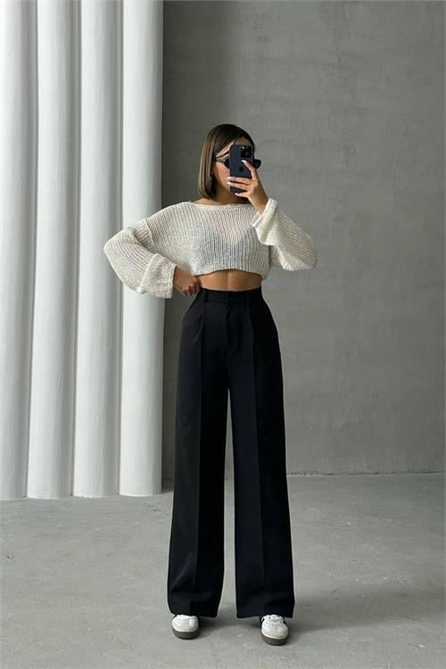 Dipmoda kadın siyah atlas kumaş palazzo pantolon DPNBG061