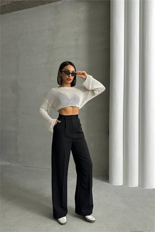 Dipmoda kadın siyah atlas kumaş palazzo pantolon DPNBG061