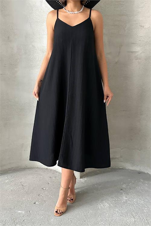 Dipmoda kadın siyah ayarlanabilir askılı salaş elbise DPG090