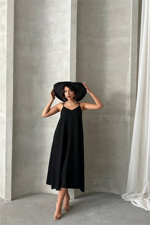 Dipmoda kadın siyah ayarlanabilir askılı salaş elbise DPG090