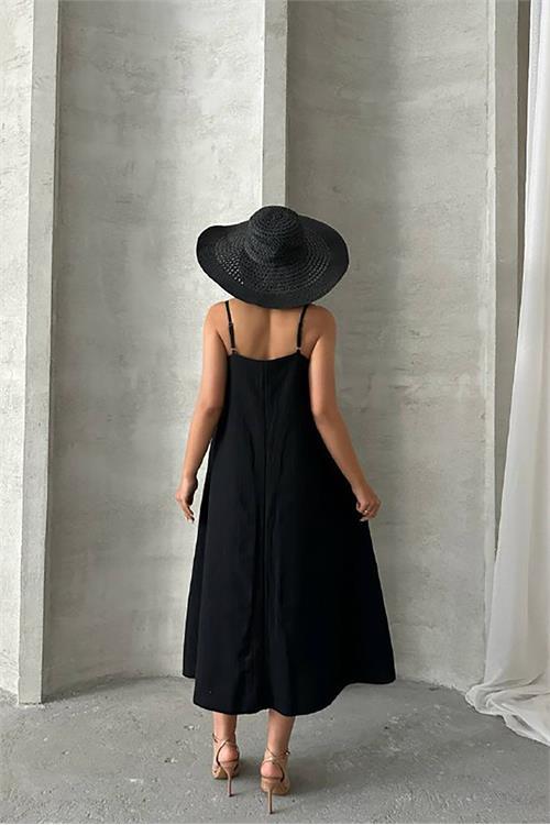 Dipmoda kadın siyah ayarlanabilir askılı salaş elbise DPG090