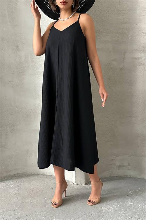 Dipmoda kadın siyah ayarlanabilir askılı salaş elbise DPG090