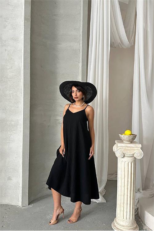 Dipmoda kadın siyah ayarlanabilir askılı salaş elbise DPG090