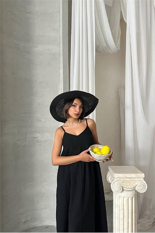 Dipmoda kadın siyah ayarlanabilir askılı salaş elbise DPG090