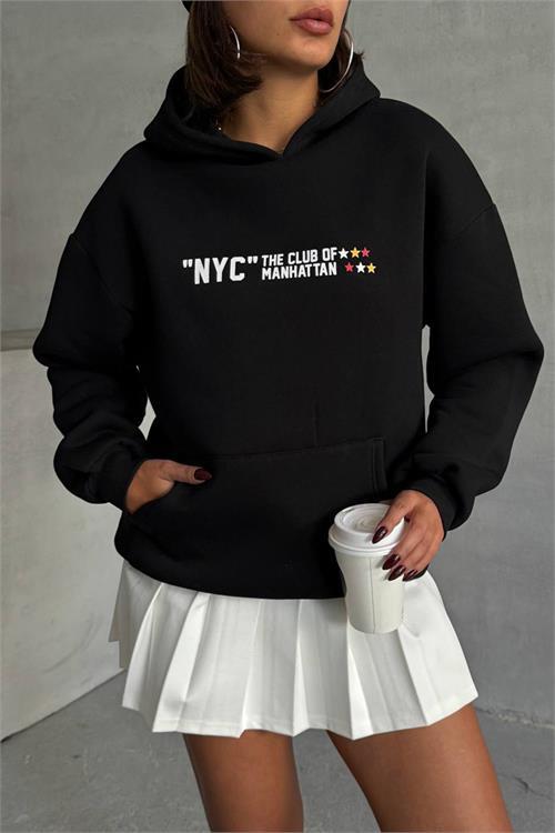 Dipmoda kadın siyah baskı detaylı kapüşonlu sweat NBG043 