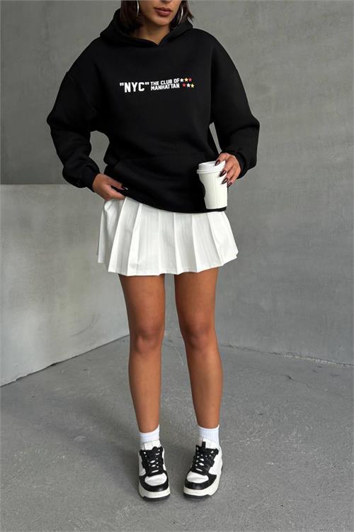 Dipmoda kadın siyah baskı detaylı kapüşonlu sweat NBG043 