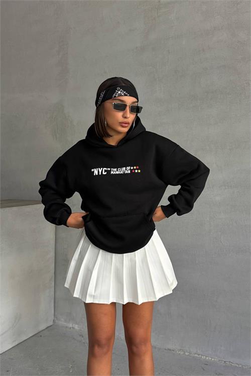 Dipmoda kadın siyah baskı detaylı kapüşonlu sweat NBG043 