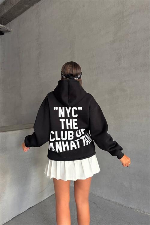 Dipmoda kadın siyah baskı detaylı kapüşonlu sweat NBG043 