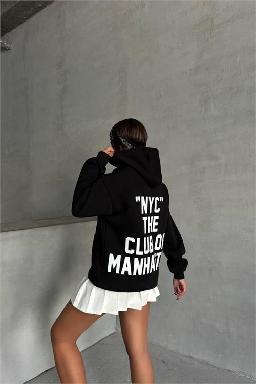 Dipmoda kadın siyah baskı detaylı kapüşonlu sweat NBG043 