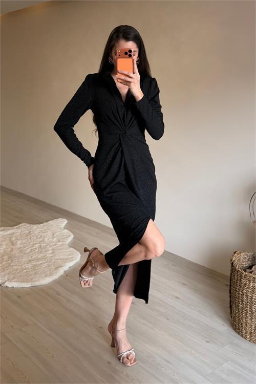 Dipmoda kadın siyah bel büzgü detaylı yırtmaçlı midi boy abiye elbise NM027