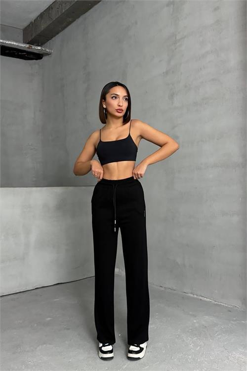 Dipmoda kadın siyah bol paça eşofman altı DPNBG066