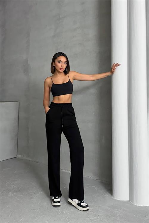 Dipmoda kadın siyah bol paça eşofman altı DPNBG066