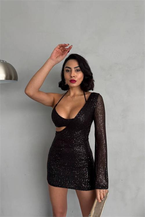 Dipmoda kadın siyah bralet bustiyer elbise takım DPNBDF130