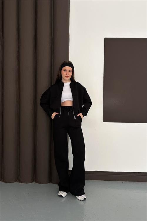 Dipmoda kadın siyah cepli içi polarlı 3 iplik eşofman takımı RYHS001