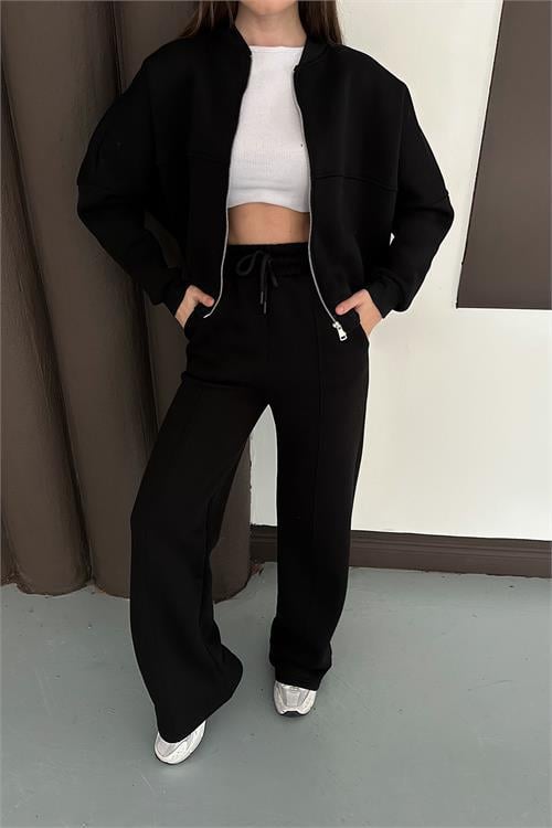 Dipmoda kadın siyah cepli içi polarlı 3 iplik eşofman takımı RYHS001