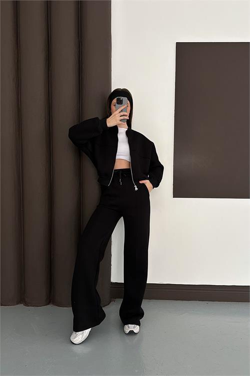 Dipmoda kadın siyah cepli içi polarlı 3 iplik eşofman takımı RYHS001