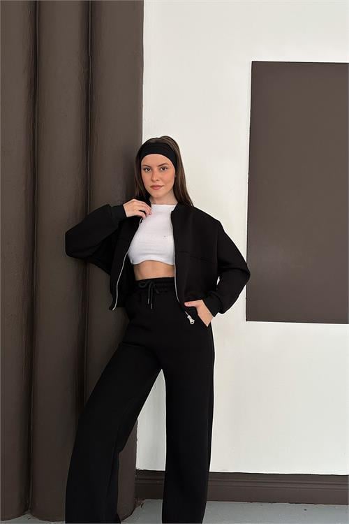 Dipmoda kadın siyah cepli içi polarlı 3 iplik eşofman takımı RYHS001