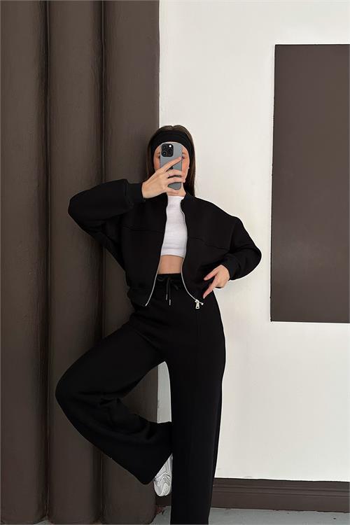Dipmoda kadın siyah cepli içi polarlı 3 iplik eşofman takımı RYHS001