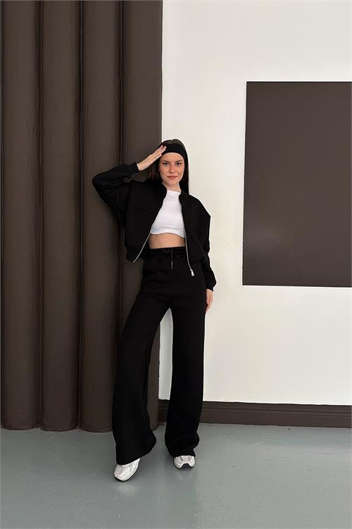 Dipmoda kadın siyah cepli içi polarlı 3 iplik eşofman takımı RYHS001