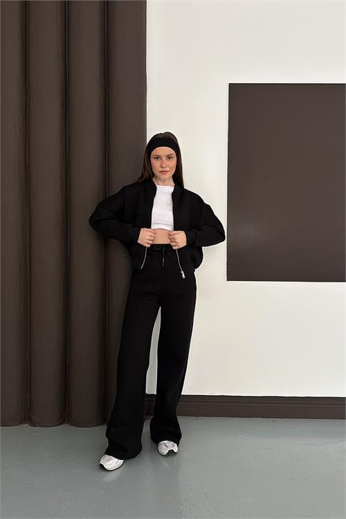 Dipmoda kadın siyah cepli içi polarlı 3 iplik eşofman takımı RYHS001