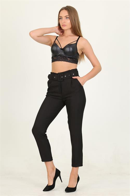 Dipmoda kadın siyah cepli kemer detaylı kumaş pantolon QNS026 