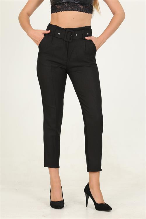 Dipmoda kadın siyah cepli kemer detaylı kumaş pantolon QNS026 