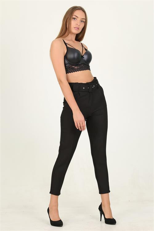 Dipmoda kadın siyah cepli kemer detaylı kumaş pantolon QNS026 