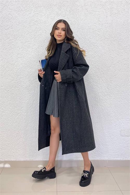 Dipmoda kadın siyah çizgili oversize kaşe kaban NBSHNZ08