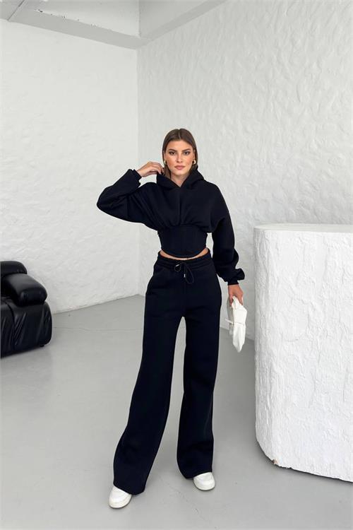 Dipmoda kadın siyah crop bella eşofman takımı NBG024 