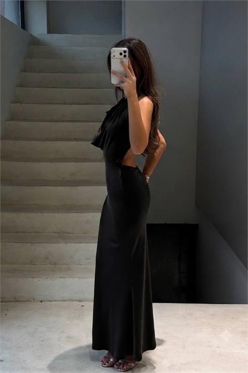 Dipmoda kadın siyah degaje yaka sırt dekolteli maxi boy premium elbise DPDF298