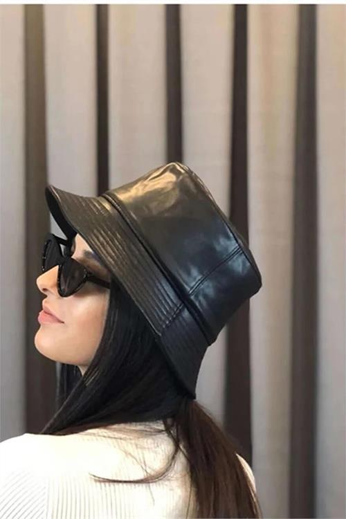 Dipmoda kadın siyah deri bucket şapka DPAKS022