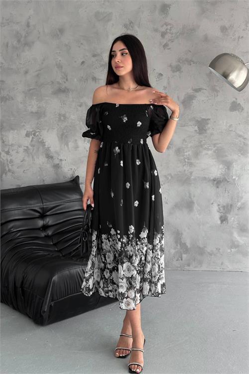 Dipmoda kadın siyah desenli kare yaka şifon elbise NBQ003 