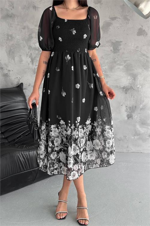 Dipmoda kadın siyah desenli kare yaka şifon elbise NBQ003 