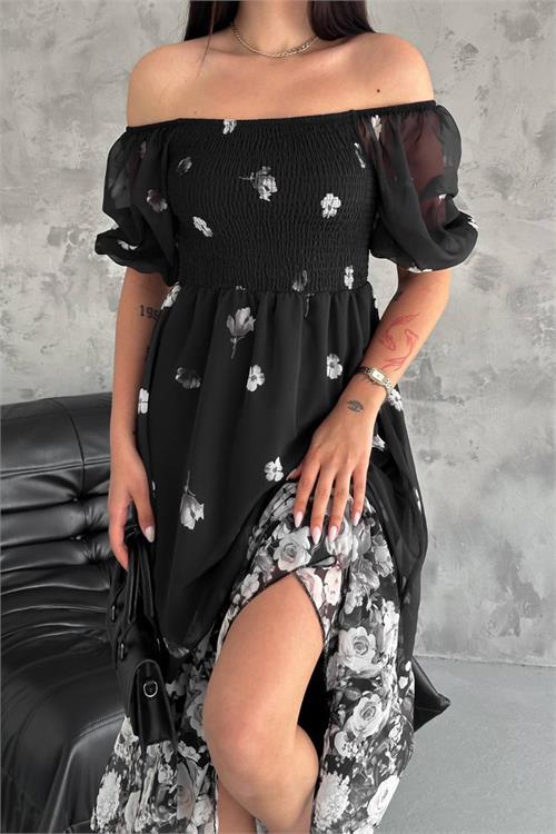 Dipmoda kadın siyah desenli kare yaka şifon elbise NBQ003 