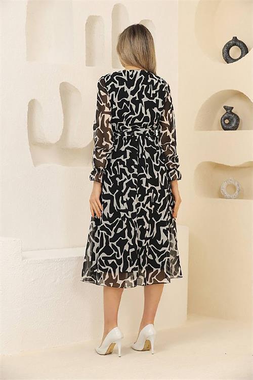 Dipmoda kadın siyah desenli şifon elbise RSSN32 