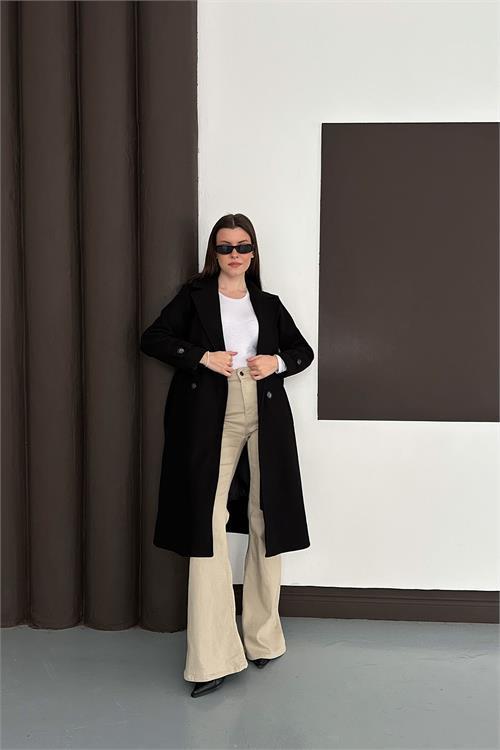 Dipmoda kadın siyah düğme detaylı kuşaklı midi boy astarlı kaşe kaban RYKBN02