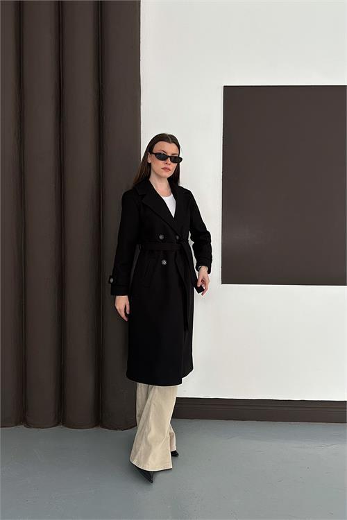 Dipmoda kadın siyah düğme detaylı kuşaklı midi boy astarlı kaşe kaban RYKBN02