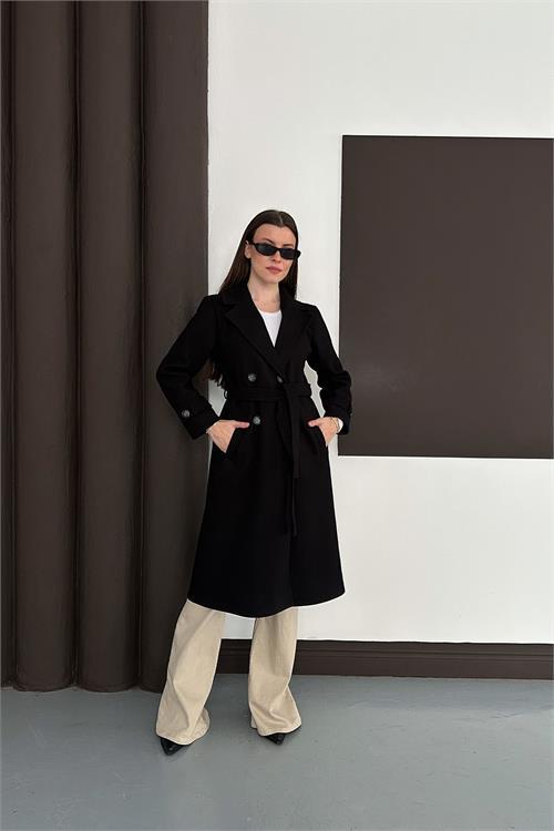 Dipmoda kadın siyah düğme detaylı kuşaklı midi boy astarlı kaşe kaban RYKBN02